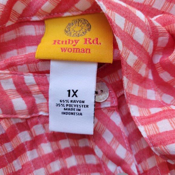 Ruby Rd Women Top 1X Plus Tunic Red Gingham Check Semi Sheer Pintuck PLA27E - Picture 8 of 9